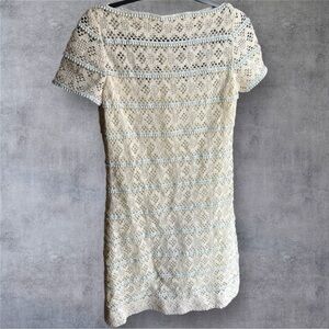 1960’s Vintage Crocheted Cream Knit Shift Dress W/Blue Ribbon Details